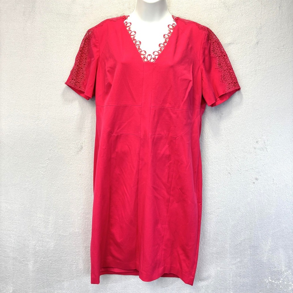 Elie Tahari Knee Length Sheath Dress Womens 14 Pink V-Neck Embroidered Office